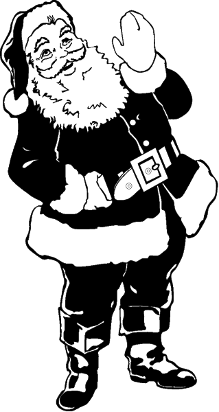The black and white silhouette of Santa Claus waving his hand against a dark background.