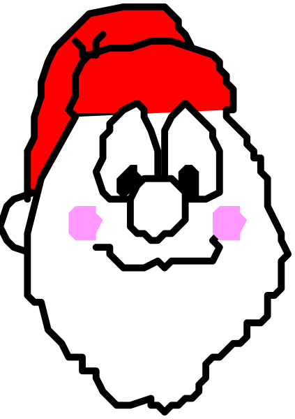 The image shows a pixelated character resembling an animated figure with red hair wearing glasses, dressed as Santa Claus in white pants and boots, standing against a black background inside what appears to be a gray frame within another larger square-shaped border that is also gray but has rounded corners at the top.