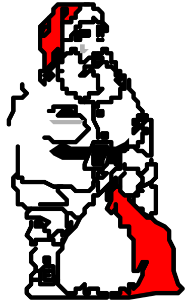 The image shows a pixelated representation of an animated character with red eyes against a dark background on the right side; it is divided by two vertical lines into three sections: one showing only blackness, another displaying this same figure in full color and detail, and yet another section that appears to be glitch art or corrupted data.