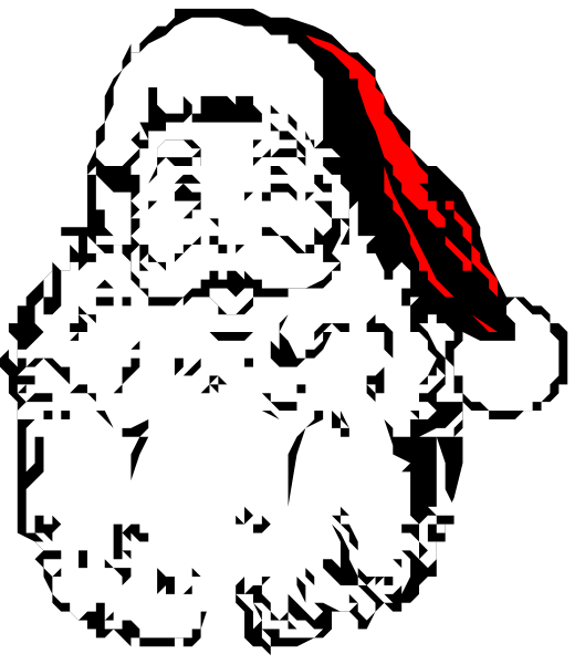 The image shows a black and white illustration of Santa Claus wearing his traditional red hat with fur trim around it and holding what appears to be a candy cane in one hand while standing against a plain background, which is typical for clip-art images used as icons or decorations during the holiday season. There are no other objects, people, animals, actions, or settings visible within this small image. The focus of the illustration is on Santa Claus himself and his iconic attire associated with Christmas celebrations.