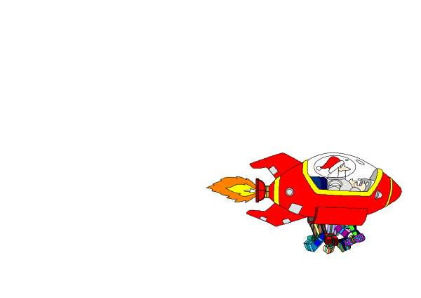 The image shows a red spaceship with two visible windows flying through space against a white background.