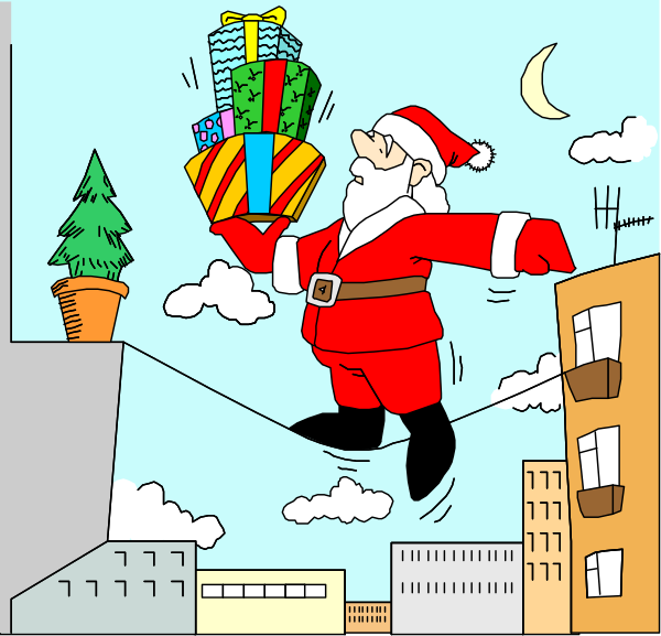 The cartoon depicts Santa Claus performing a tightrope walk over buildings while holding presents with both hands.