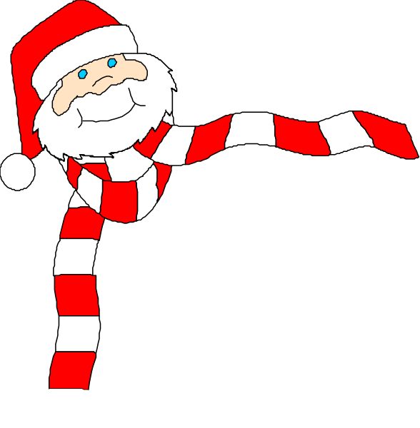 The image shows a cartoon of Santa Claus with his arms outstretched as if he's dancing to music; it is divided into two panels where in one panel, only half of him appears on each side and then merges together in another full-body shot.