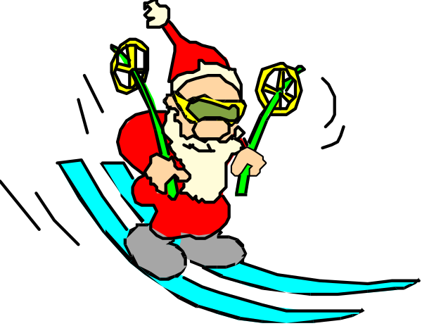 The image shows a cartoon depiction of Santa Claus riding on top of blue waves with his arms outstretched as if he's surfing in mid-air against an ocean backdrop.