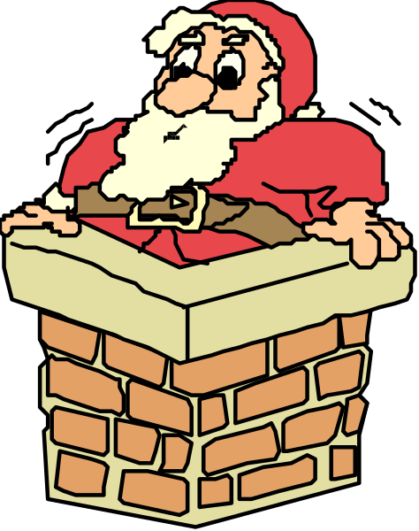 The cartoon depicts a brick chimney with Santa Claus peeking out from behind it; he is wearing his traditional red suit and hat while holding onto a belt around his waist.