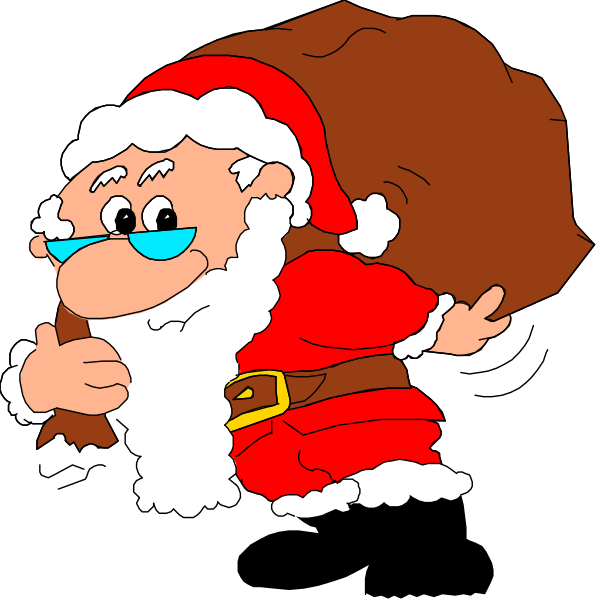The image shows two panels of a cartoon depicting Santa Claus with his sack full of presents on each side; in one panel he is smiling while looking at something off-screen to his right, and in another he appears surprised as if reacting to an unexpected event or object that has caught him by surprise.