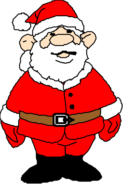 The image shows a cartoon of Santa Claus standing with his hands on hips against a black background.