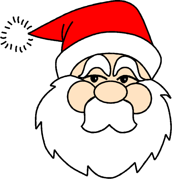 The image shows a cartoon depiction of Santa Claus wearing his traditional red suit with white trim around it, complete with boots, gloves, belt buckle, hat adorned with pompom balls on top and tassels hanging down from either side, beard, mustache, glasses, and the iconic "Ho Ho Ho" expression.