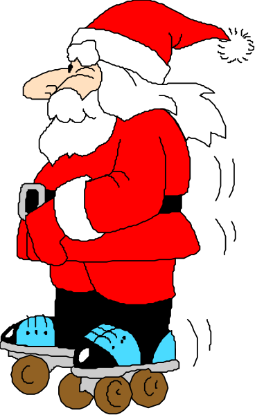 The cartoon depicts Santa Claus riding a skateboard with his arms outstretched for balance while wearing traditional red suit trimmed in white fur lining hood and cuffs; he is smiling broadly, looking ahead as if moving forward on wheels.