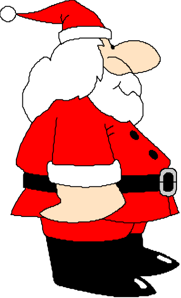 The image shows a cartoon of Santa Claus standing with his arms crossed against a black background.
