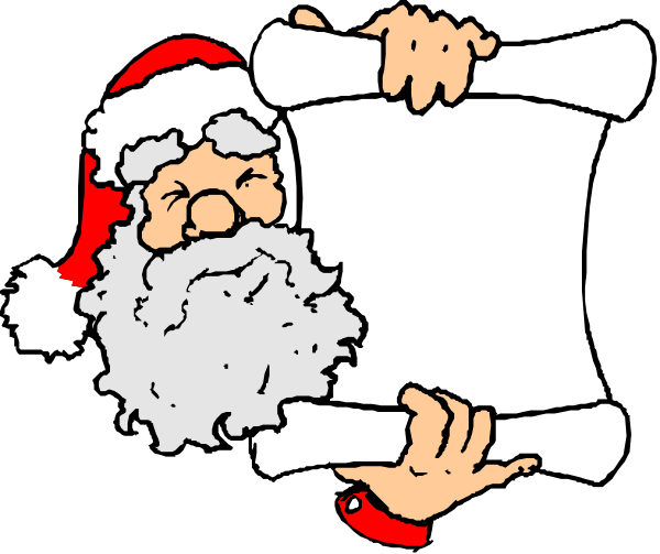 The cartoon shows Santa Claus holding a large piece of paper with his hands on either side while looking at it intently; he is standing in front of what appears to be an open book that has been partially torn out, revealing blank pages inside.