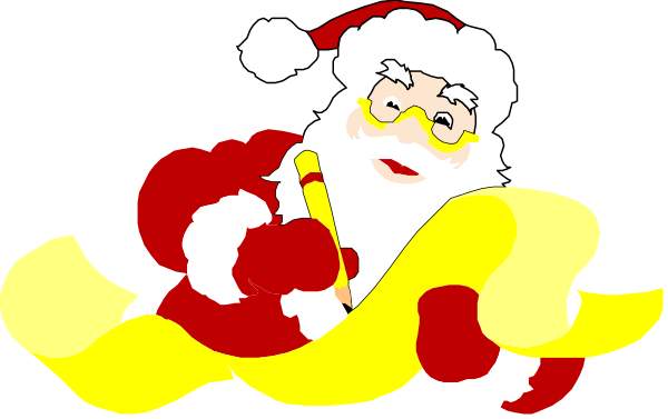The image shows a cartoon of Santa Claus sitting on top of what appears to be wrapping paper with his right hand holding onto it while he is smiling at something off-screen; there's no text present in this clipart.