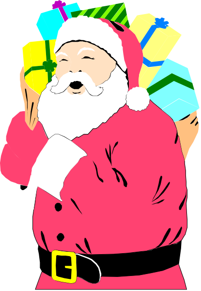 The illustration shows a cartoon depiction of Santa Claus with his arms crossed over himself while standing on what appears to be presents; he is smiling slightly as if posing for an image.