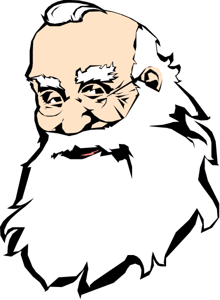 The image shows a black and white illustration of an elderly man with facial hair wearing glasses, depicted as if he is looking directly at the viewer from within his beard.