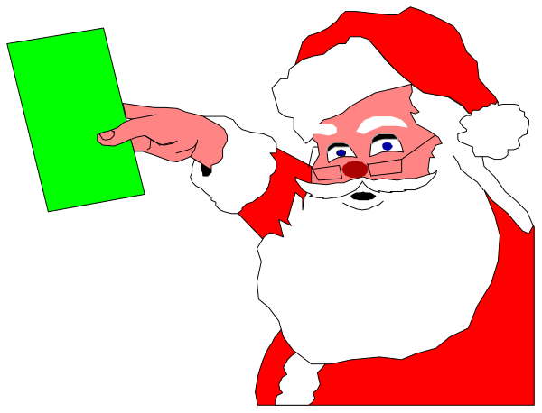 The image shows a cartoon of Santa Claus holding two green signs with an exclamation mark on them while standing against a black background.