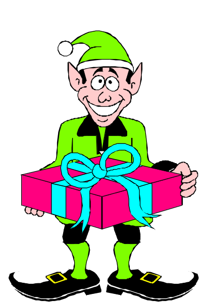 The cartoon depicts a man dressed as an elf holding out presents with his hands while standing on ice skates; he is smiling at someone off-camera who appears to be receiving gifts from him.