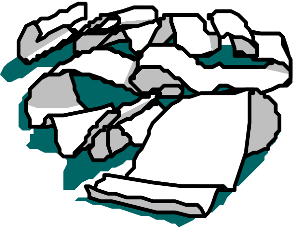 The image shows a pile of broken glass pieces on top of some paper debris with an abstract background that appears to be dark blue in color.