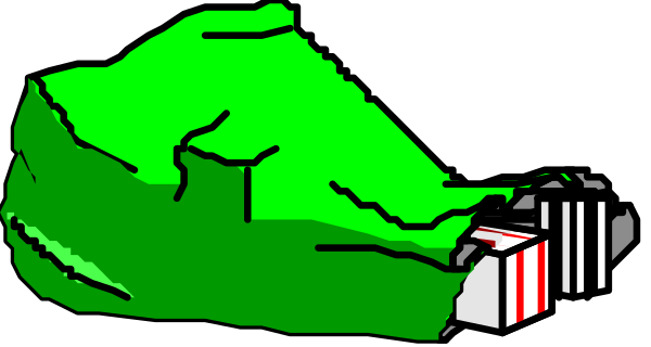 The image shows a pixelated scene with two characters: on the left side is an animated character that appears to be green in color; it's standing next to what looks like a large rock formation under a dark sky, and there seems to be some sort of object or structure emanating from its hand. On the right side, another pixelated figure resembling a humanoid shape with red hair is depicted walking towards this scene while holding an item that could possibly be interpreted as food due to its leafy appearance; it's also wearing what seems like armor and carrying something in one
