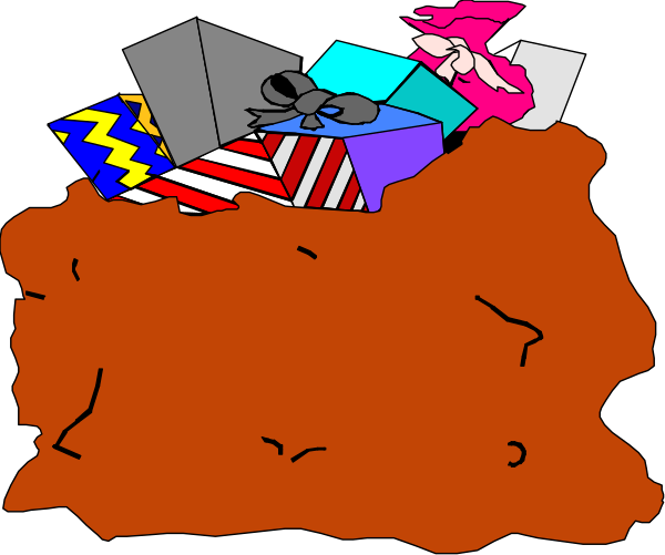 The image shows a black background with various colorful items scattered across it: gift boxes of different sizes; what appears to be an orange object that could represent food like pizza slices or cake pieces; two small figures, one pink and one blue, which might suggest people but their features are not clear enough for me to describe them accurately. The image is a simple clip-art style with no specific setting indicated beyond the items being on top of each other in an unstructured manner.