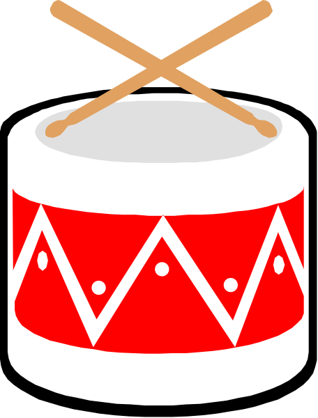 The image shows a red drum with white trim around it on top of which there is a pair of wooden sticks placed diagonally across each other in front view perspective.