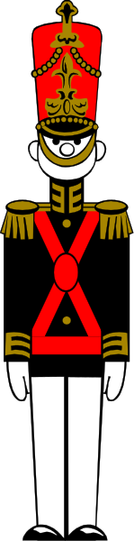 The image shows a black and white checkered background with two red stripes on either side of an illustration that features a person in military attire standing upright against one of these lines; this figure is wearing a uniform, hat, boots, gloves, and has crossed swords at the waist.