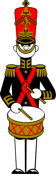 The image shows a cartoon of an animated drummer with red hair wearing military attire including boots, pants, jacket, hat, gloves, belt buckle, sword, sash, epaulettes, and badges on his uniform; he is holding two drums in each hand while standing.