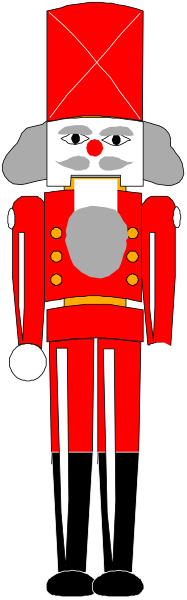 The image shows a cartoon of an elf dressed as Santa Claus standing next to what appears to be a toy soldier in uniform with gold trim on his hat and coat.