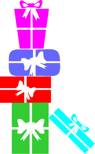 The image shows a collection of colorful gift boxes with ribbons tied around them against a dark background; there is also an icon that resembles a wrapped present in white at top left corner.
