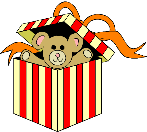 The image shows a cartoon of an open gift box with a teddy bear inside it sitting on top of red striped wrapping paper that is partially unwrapped from around its body; above this, there's a ribbon tied in a bow and waving to the side as if blown by wind.