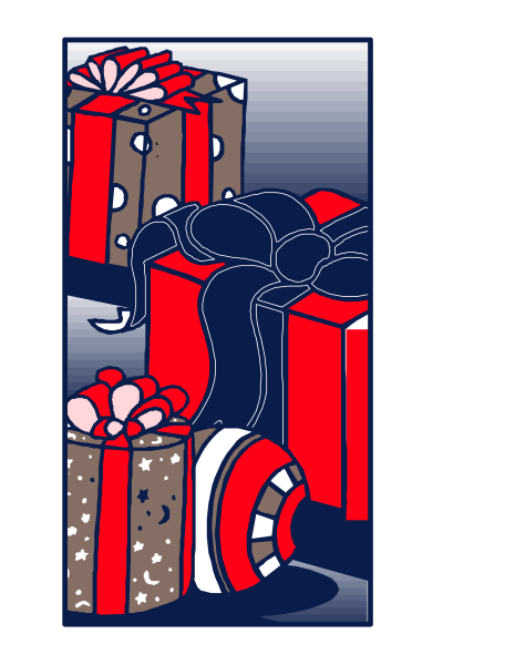 The image shows a cartoon of presents with gift wrapping paper on them placed next to each other against a dark background; there is also an illustration of two wrapped gifts in front of what appears to be a person's head, and above these items hang three more unwrapped present boxes.