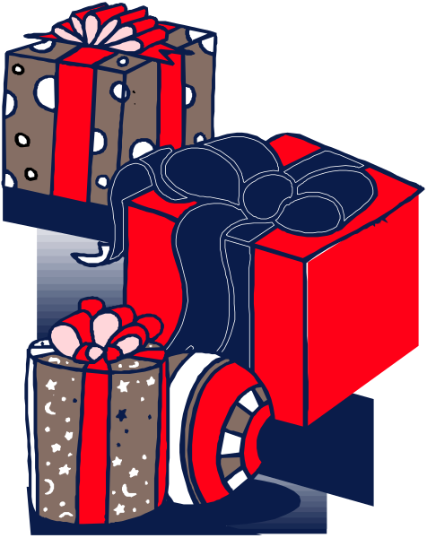 The illustration depicts a collection of gift items including presents with ribbons tied around them, wrapped gifts inside boxes, an open present revealing candy wrappers within it, and two additional unwrapped candies on top right corner; all set against a dark background that resembles the night sky.