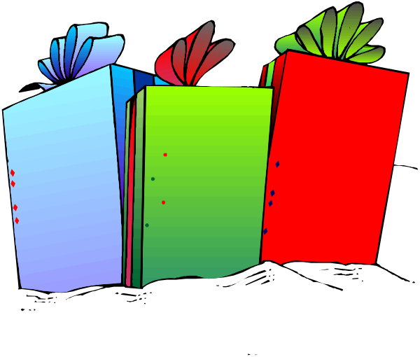 The image shows a colorful cartoon of four gift boxes with ribbons tied around them against a black background.