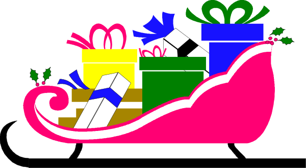 The image shows a colorful cartoon depiction of Christmas gifts with various items such as presents wrapped up like boxes and ribbons tied around them in different shapes and sizes; there is also an illustration of Santa Claus's sleigh, which appears to be flying through the air above.