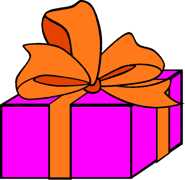 The image shows a pink gift box with an orange ribbon on top of it against a black background.