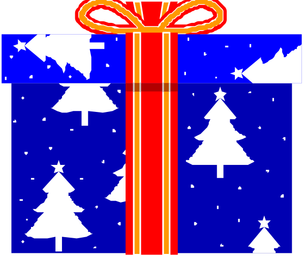 The image shows a Christmas gift with snowflakes around it on top of what appears to be an outdoor scene at night under stars, featuring trees decorated for winter holidays in front of buildings that have lit windows.