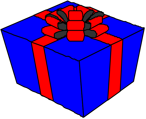 The image shows a blue gift box with red ribbon on top of it against a black background to its left side; there is also an iconic "gift" shape in white next to the larger one, which appears smaller and less detailed than the actual present.