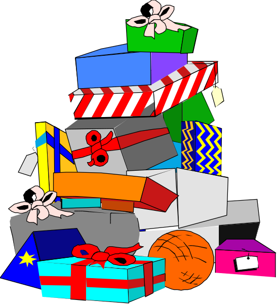 The illustration shows a pile of colorful gift boxes with ribbons on top, stacked haphazardly in front of what appears to be an orange sports ball; there is no text present within this image.