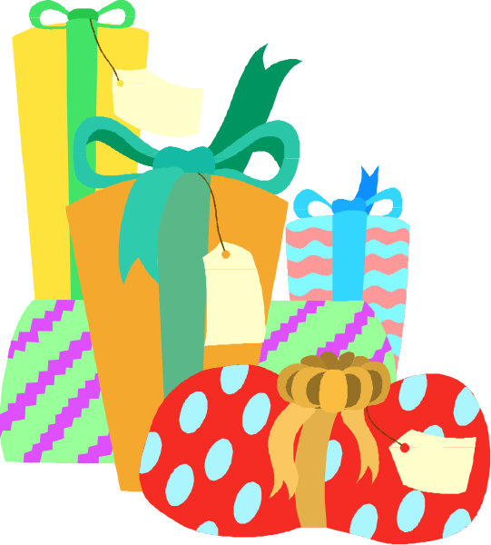The illustration shows a collection of wrapped gifts with colorful ribbons tied around them on top of each other against a dark background; there is no text present in this image.