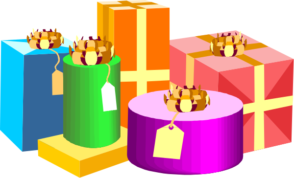 The image shows three colorful gift boxes with tags on them placed next to each other against a dark background; there is no text present in this clip-art illustration.