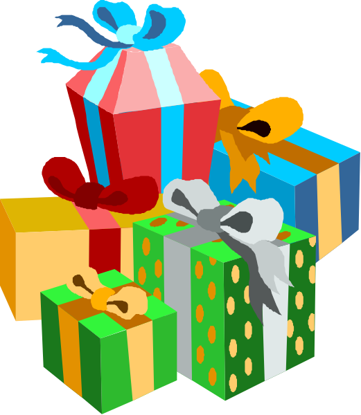 The image shows a collection of colorful gift boxes with ribbons tied around them on top against a white background; there is no text present in this clip-art illustration.