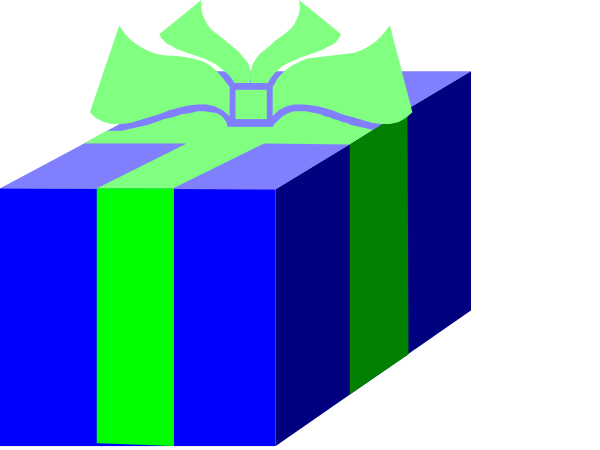 The image shows a pixelated blue gift box with an open top revealing green wrapping paper inside it against a black background.