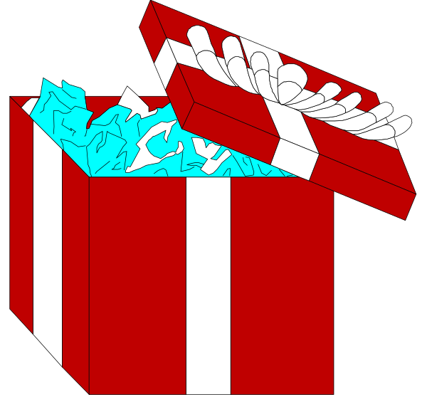 The image shows a red gift box with white wrapping paper that has been torn open to reveal blue confetti inside it; next to this is an empty black rectangle labeled "Cyber Cryptocurrency."