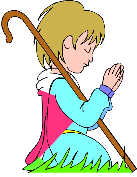 The image shows a cartoon of an animated character who appears to be praying while holding onto a shepherd's crook with one hand on their head as if in thoughtful prayer posture.