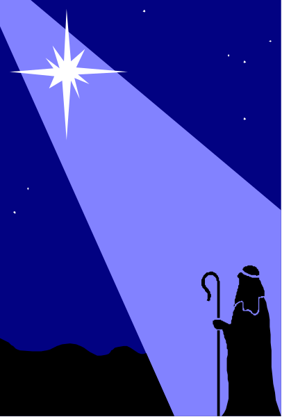 The image depicts a nighttime scene with an illuminated spotlight on a figure standing under it holding what appears to be a staff; in front of this person is a large star shining brightly against the dark sky, and there's another smaller light source nearby that resembles a lantern.