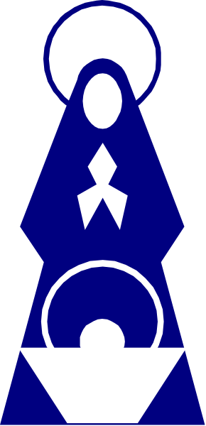 The image shows a blue banner with white symbols that include an eye within two triangles at its top center, followed by three abstract shapes resembling stylized human figures in descending order of size from left to right on each side and below them is another symbol consisting of four interconnected circles.