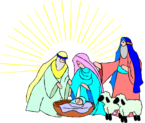The image depicts a cartoon of three figures that appear to be Mary, Joseph, and baby Jesus with sheep around them in what looks like an outdoor scene during sunset or dawn, under a bright yellow sky with rays emanating from behind their heads towards each other's faces; they are standing near the manger where the infant is lying.