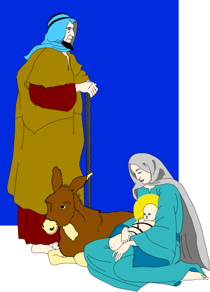 The illustration depicts a family of three with an adult male figure standing next to two children who appear to be seated on either side; between them is a donkey lying down. They all seem to be in prayer, as suggested by their postures and expressions.