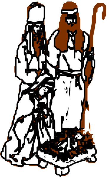 The black and white illustration depicts a man with long hair holding an object that resembles a scroll or book in one hand while standing next to another figure who appears to be seated on something like a throne, both figures seeming to engage in some sort of activity involving this item they are handling.