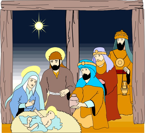 The illustration depicts a group of individuals dressed as religious figures from what appears to be an earlier time period gathered around a baby in swaddling clothes under a wooden structure with a star above it at night, suggesting this is meant to represent the nativity scene commonly associated with Christmas celebrations.