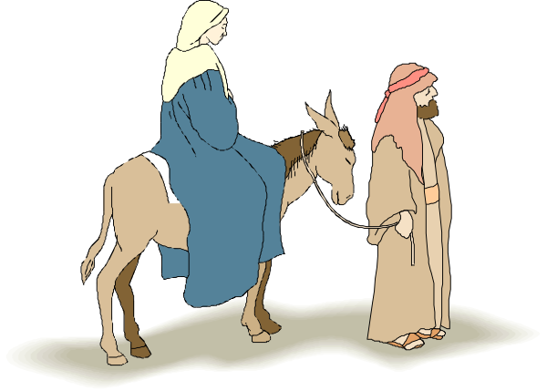 The cartoon depicts a scene with three figures: two men riding donkeys pulling carriages behind them; each carriage is occupied by one woman who appears to be pregnant. They seem to be traveling together in what looks like an outdoor setting, possibly on a journey or pilgrimage given the attire and accessories of both people and animals.